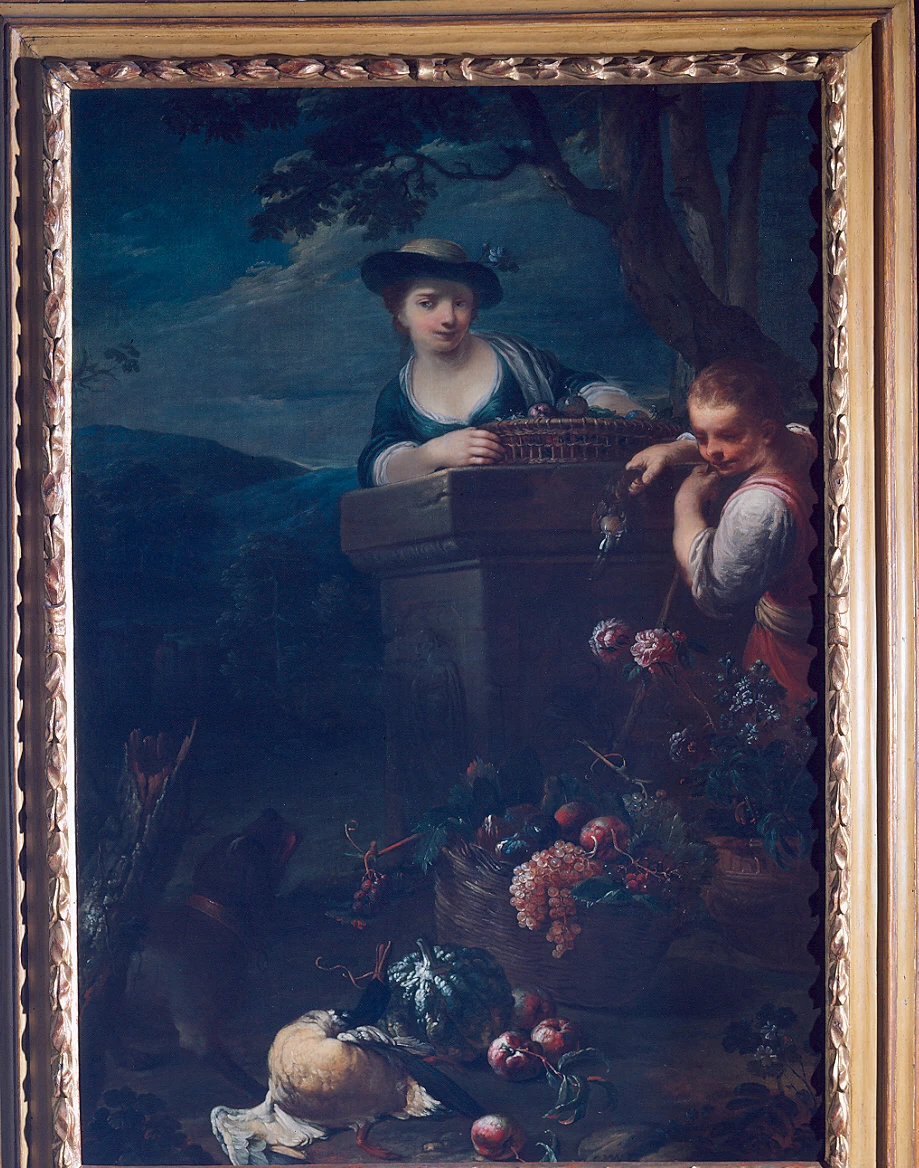 Natura morta con selvaggina, frutta e fiori con due ragazzi e un cane - Galleria Nazionale di Parma